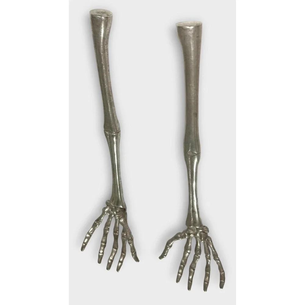 Vtg Skeleton Hand Salad Servers Cast Metal Gothic Halloween Oddity Flatware Pair